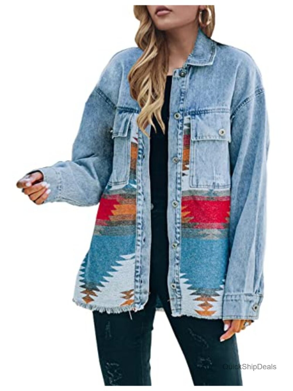 Women's Oversized Aztec Denim Jean Jacket with Fringe